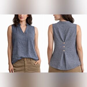Blue Sleeveless Blouse V-Neck Button Back Lightweight Top